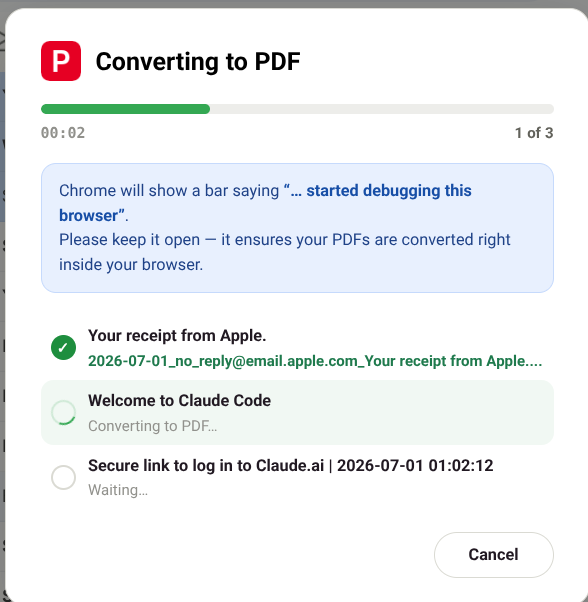 已选中多封 Gmail 邮件，准备批量导出为 PDF