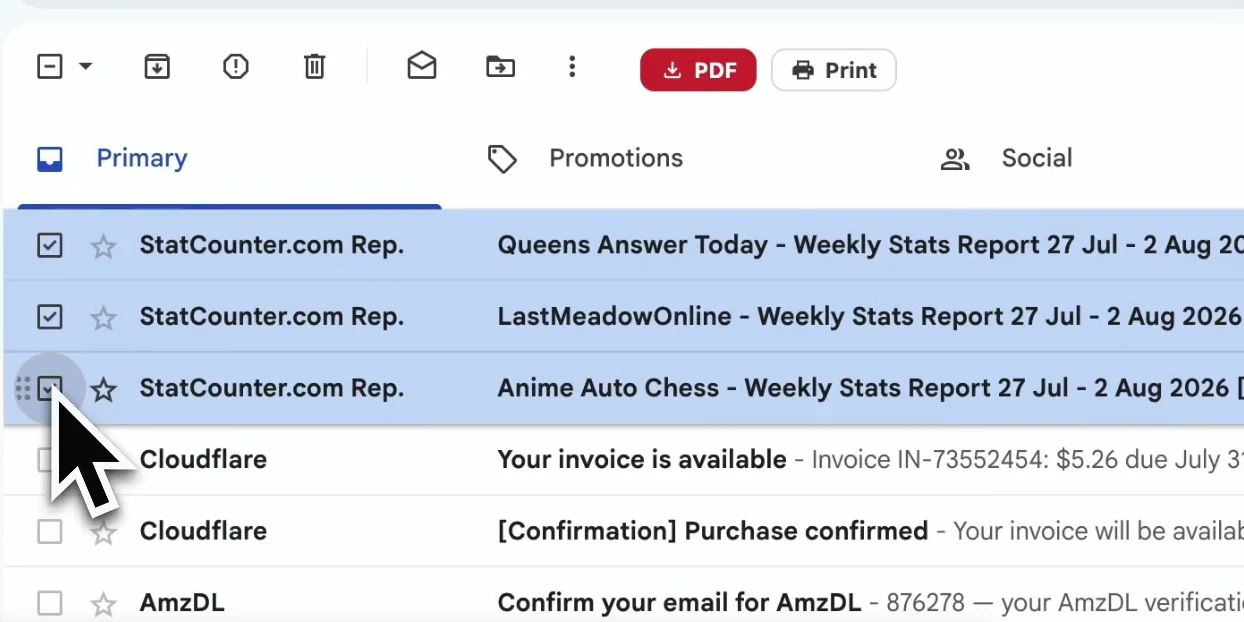 Three emails ticked; PDF and Print light up in the toolbar.
