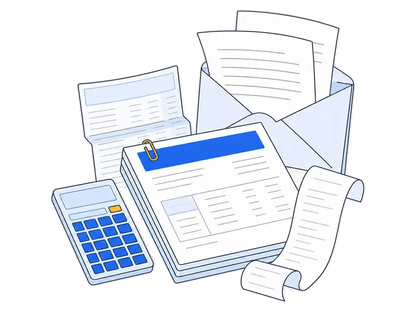 フラットイラスト：請求書、紙のレシート、電卓。傍らの開いた封筒から PDF のページが飛び出している