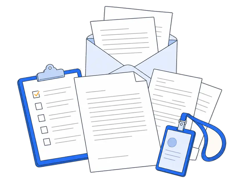 フラットイラスト：内定通知書、入社チェックリスト、社員証。傍らの開いた封筒から PDF のページが飛び出している